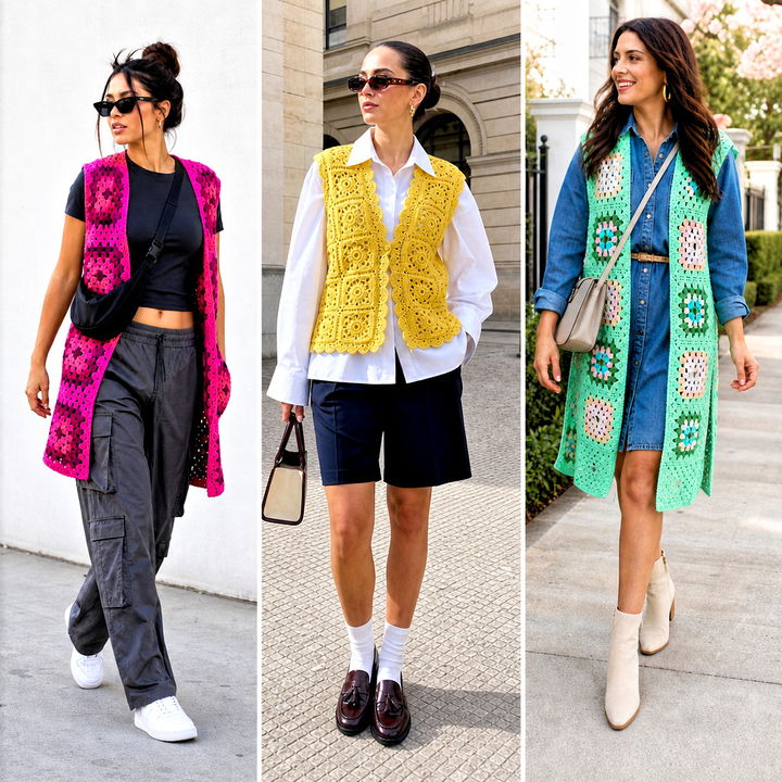 25 Granny Square Open Vest Outfit Ideas for Festival Style