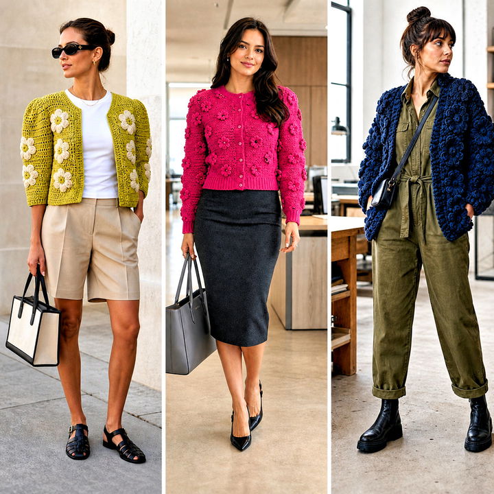 25 Puff Flower Crochet Cardigan Outfit Ideas for Cozy Style