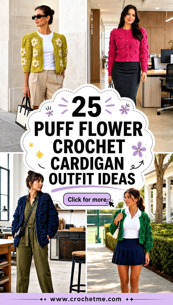 25 puff flower crochet cardigan outfit ideas - 25 puff flower crochet cardigan outfit ideas