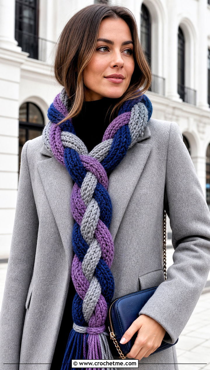 Color Braided Crochet Scarf With Wool Coat - 25 3 Color Crochet Scarf outfit ideas