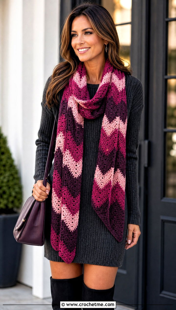 Color Chevron Crochet Scarf With Sweater Dress - 25 3 Color Crochet Scarf outfit ideas