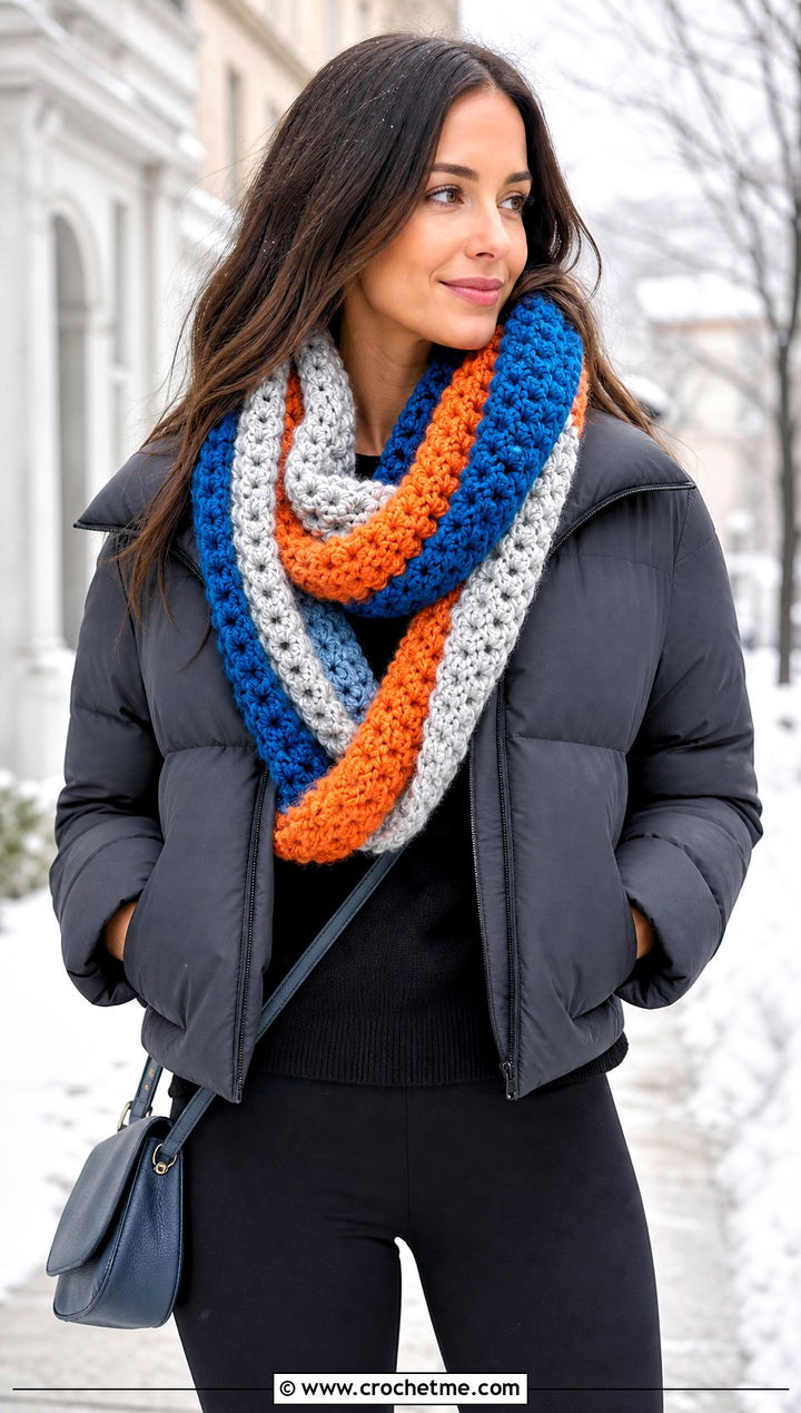 Color Chunky Infinity Crochet Scarf With Puffer Jacket - 25 3 Color Crochet Scarf outfit ideas
