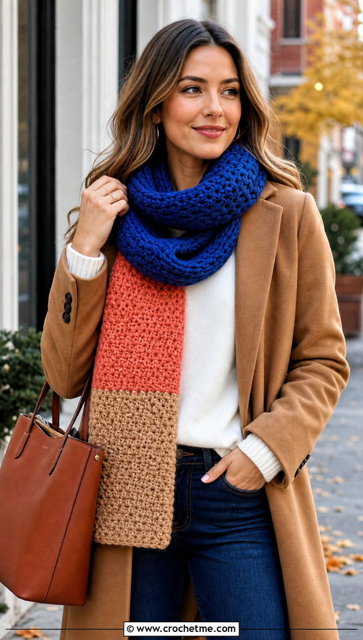 Color Color Block Crochet Scarf With Camel Coat - 25 3 Color Crochet Scarf outfit ideas