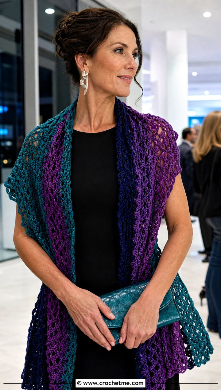 Color Crochet Stole Scarf With Column Dress - 25 3 Color Crochet Scarf outfit ideas