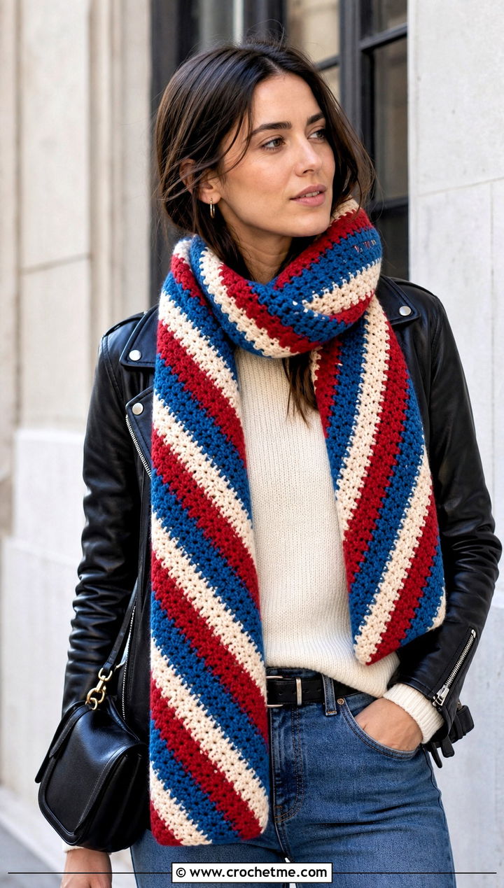 Color Diagonal Stripe Crochet Scarf With Leather Jacket - 25 3 Color Crochet Scarf outfit ideas