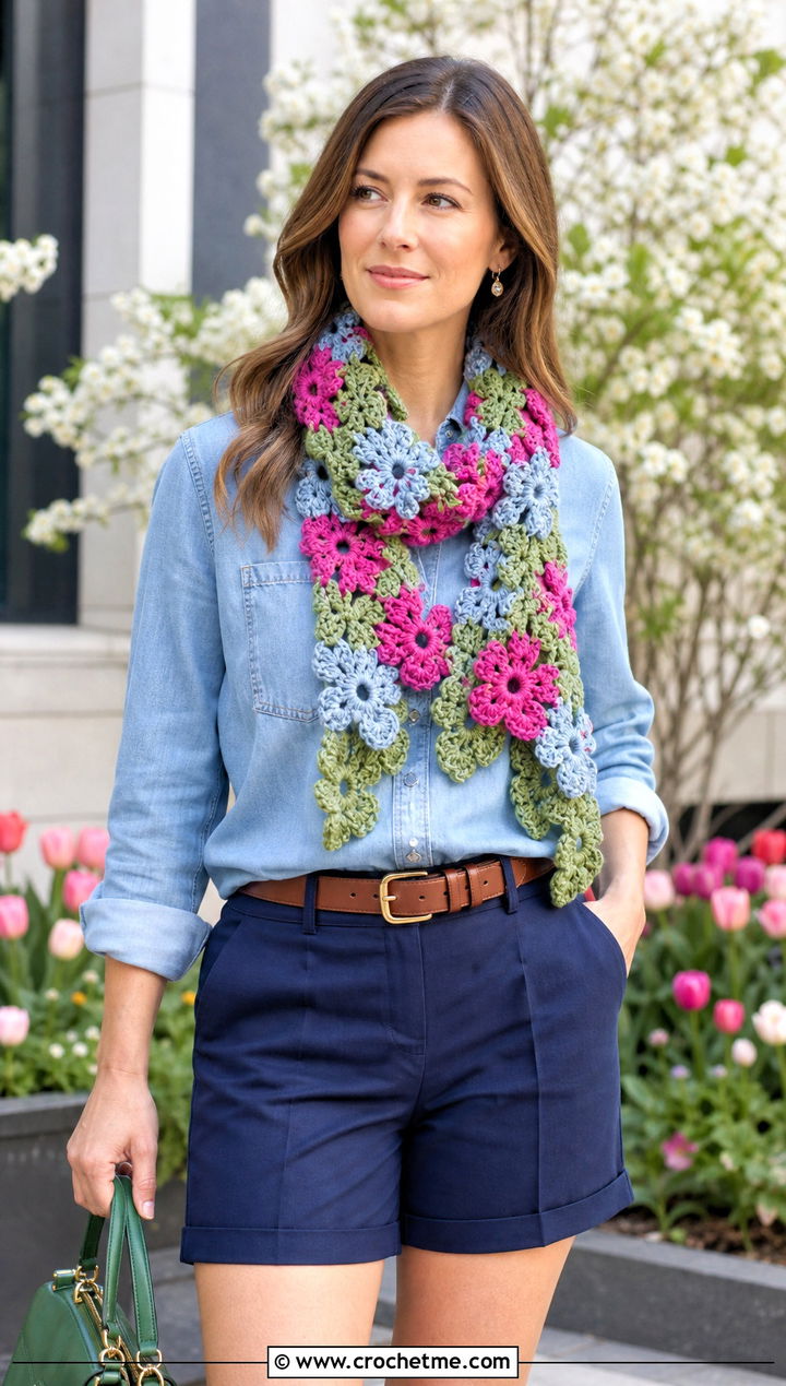 Color Floral Motif Crochet Scarf With Denim Shirt - 25 3 Color Crochet Scarf outfit ideas