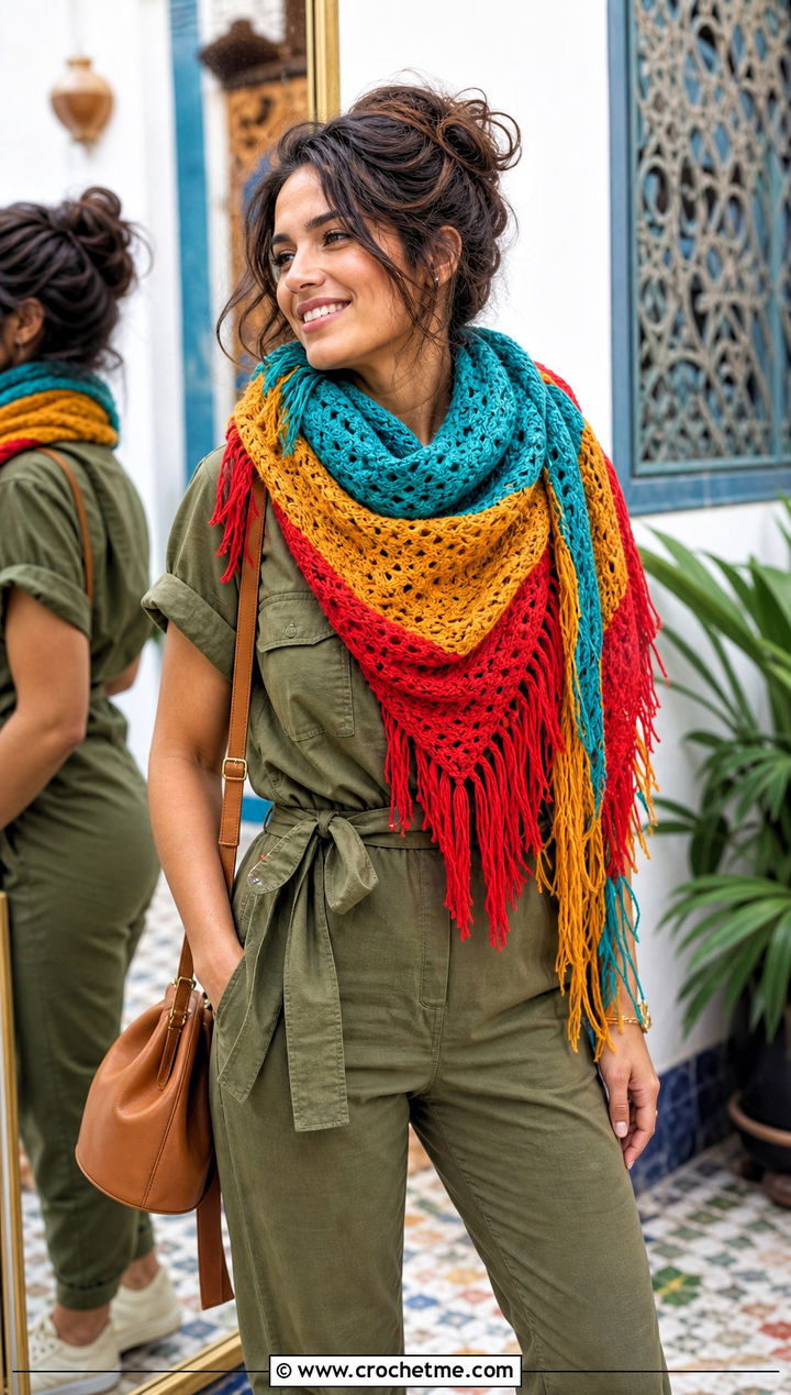 Color Fringed Crochet Scarf With Utility Jumpsuit - 25 3 Color Crochet Scarf outfit ideas