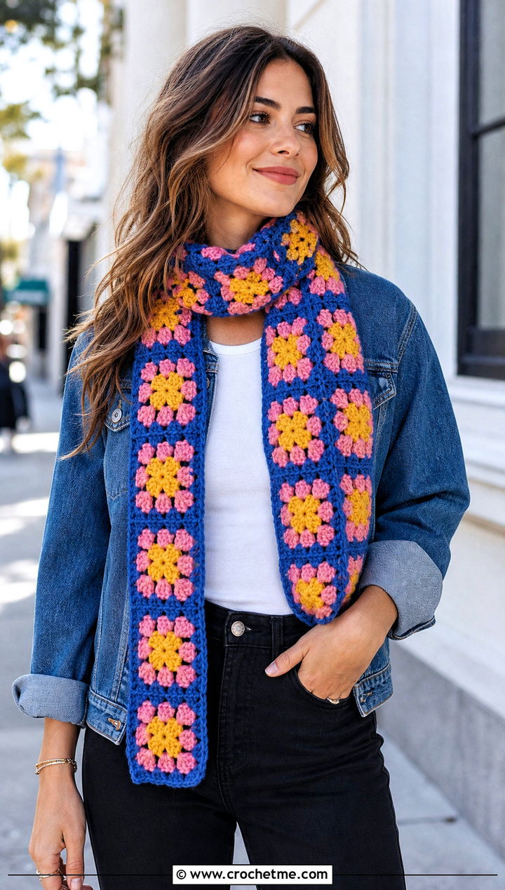 Color Granny Square Crochet Scarf With Denim Jacket - 25 3 Color Crochet Scarf outfit ideas