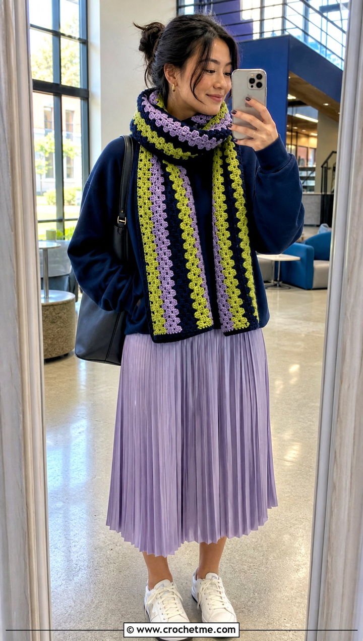 Color Granny Stripe Crochet Scarf With Sweatshirt And Pleated Skirt - 25 3 Color Crochet Scarf outfit ideas