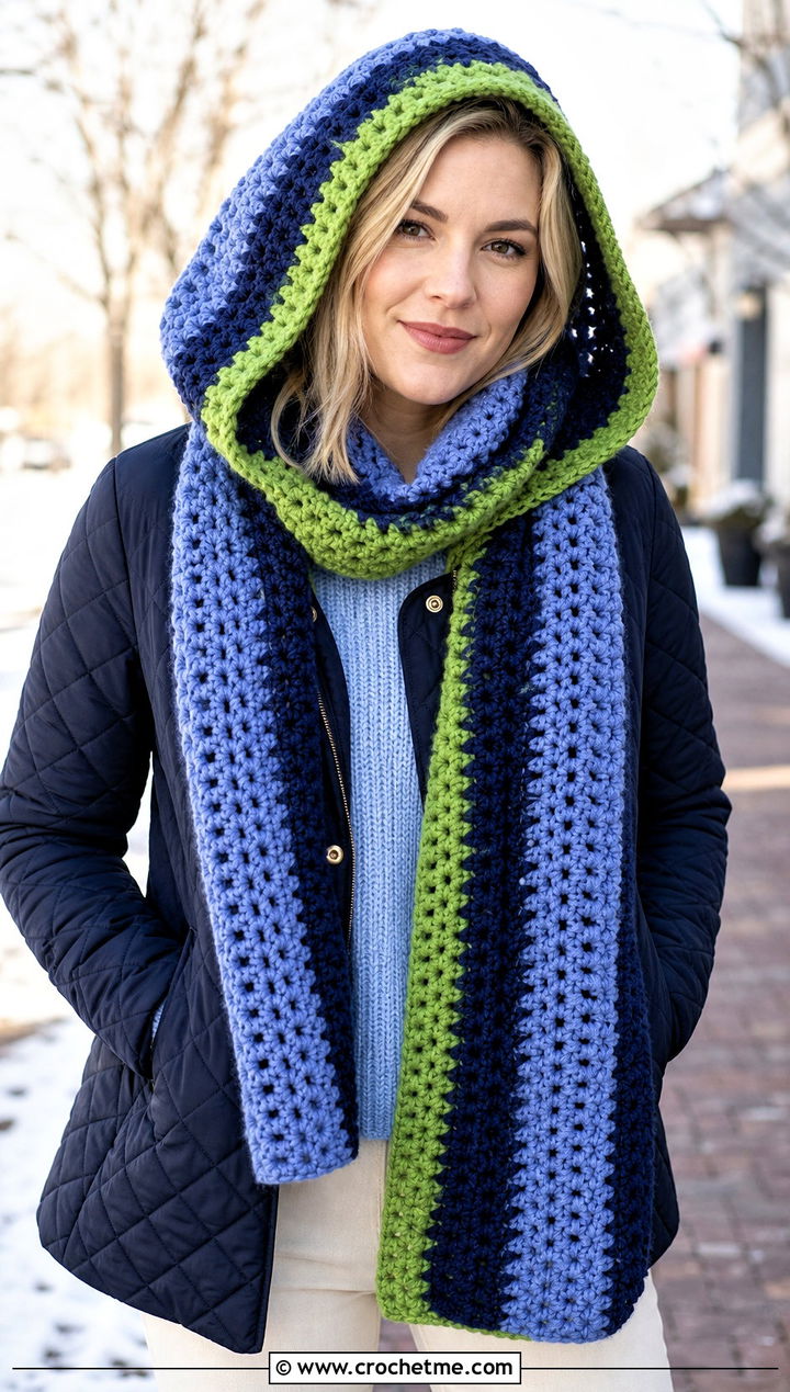 Color Hooded Crochet Scarf With Quilted Jacket - 25 3 Color Crochet Scarf outfit ideas