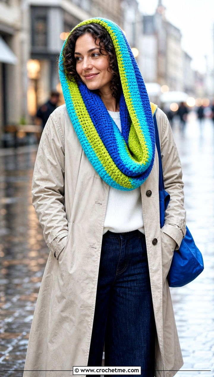 Color Hooded Infinity Crochet Scarf With Raincoat And Jeans - 25 3 Color Crochet Scarf outfit ideas