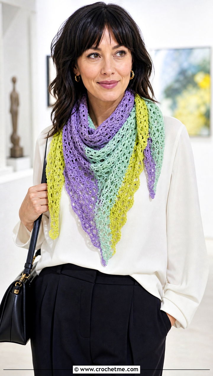 Color Lacy Triangle Crochet Scarf With Blouse And Culottes - 25 3 Color Crochet Scarf outfit ideas
