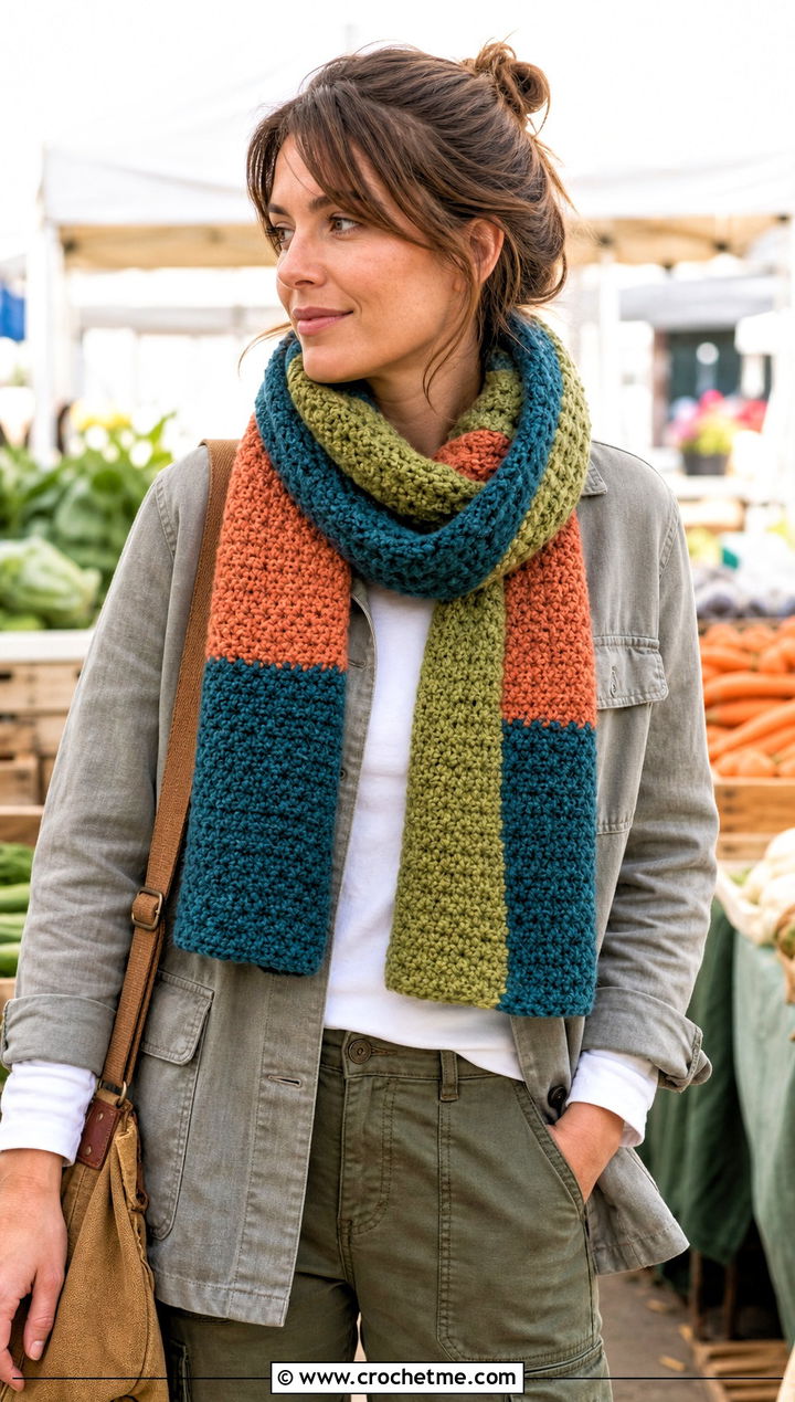 Color Moss Stitch Crochet Scarf With Utility Pants - 25 3 Color Crochet Scarf outfit ideas