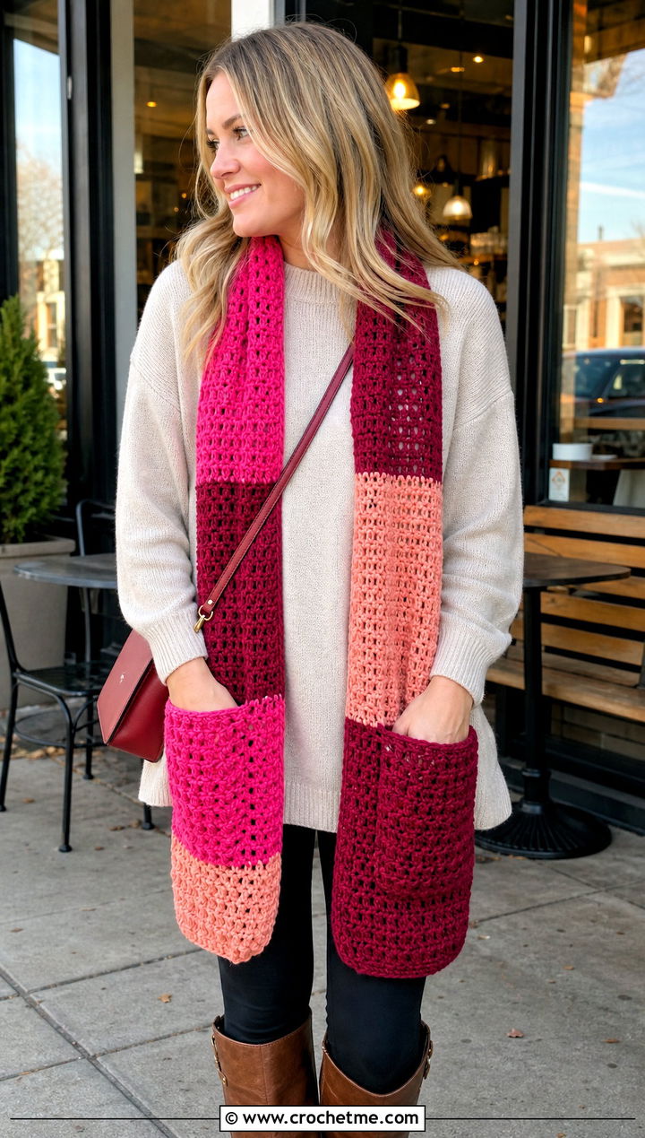 Color Pocket Crochet Scarf With Sweater And Leggings - 25 3 Color Crochet Scarf outfit ideas
