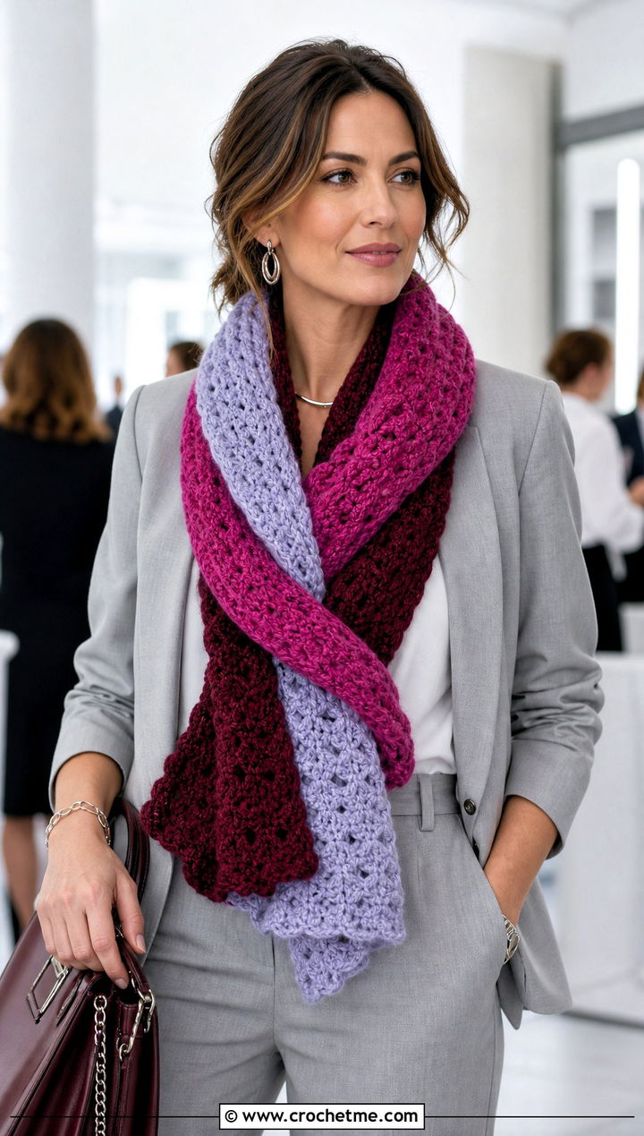Color Reversible Crochet Scarf With Monochrome Suit - 25 3 Color Crochet Scarf outfit ideas