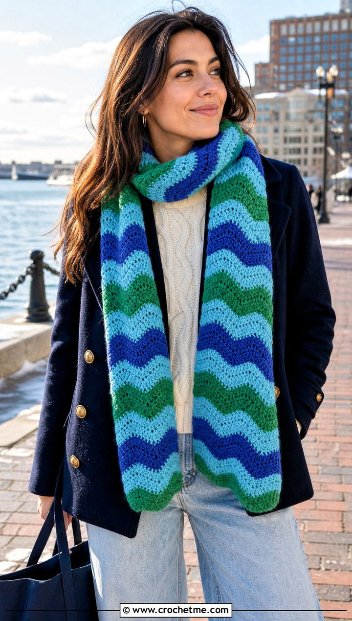 Color Ripple Crochet Scarf With Peacoat And Wide Leg Jeans - 25 3 Color Crochet Scarf outfit ideas