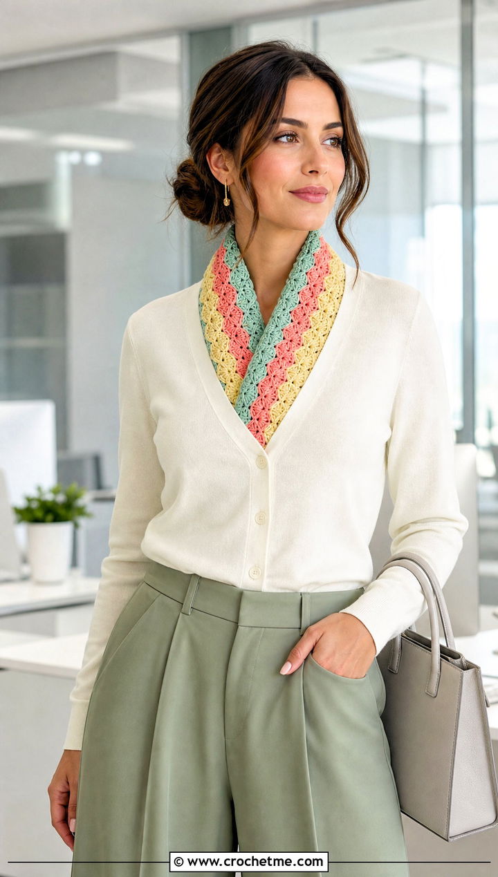 Color Shell Stitch Crochet Scarf With Cardigan And Trousers - 25 3 Color Crochet Scarf outfit ideas