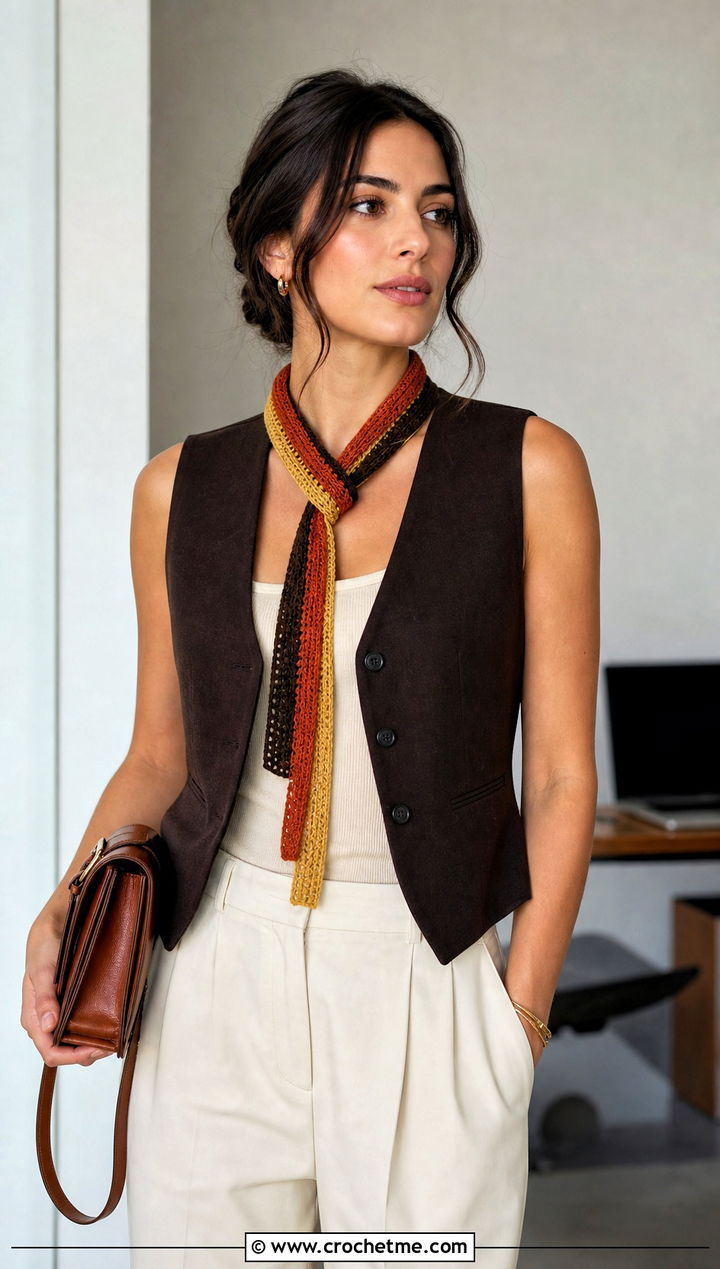 Color Skinny Crochet Scarf With Tailored Vest - 25 3 Color Crochet Scarf outfit ideas