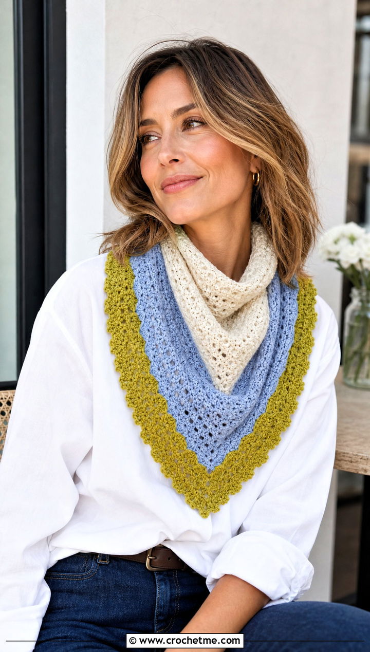Color Triangle Crochet Scarf With White Shirt And Jeans - 25 3 Color Crochet Scarf outfit ideas