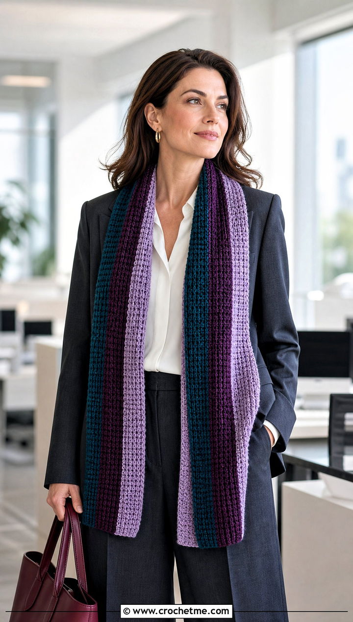 Color Tunisian Ribbed Crochet Scarf With Workwear Suit - 25 3 Color Crochet Scarf outfit ideas