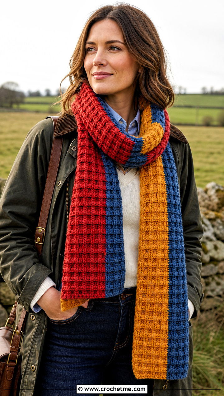 Color Waffle Stitch Crochet Scarf With Barn Jacket - 25 3 Color Crochet Scarf outfit ideas