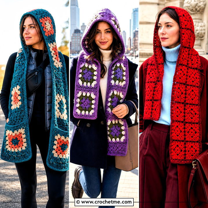 30 Granny Square Crochet Hooded Scarf Outfit Ideas for Fall