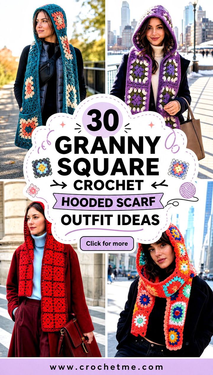 30 Granny Square Crochet Hooded Scarf outfit ideas - 30 Granny Square Crochet Hooded Scarf outfit ideas