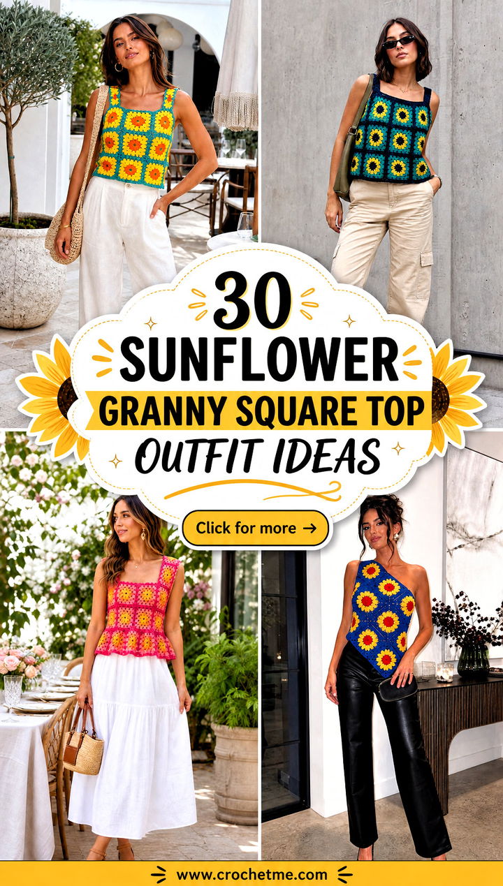 30 Sunflower Granny Square Top outfit ideas - 30 Sunflower Granny Square Top outfit ideas