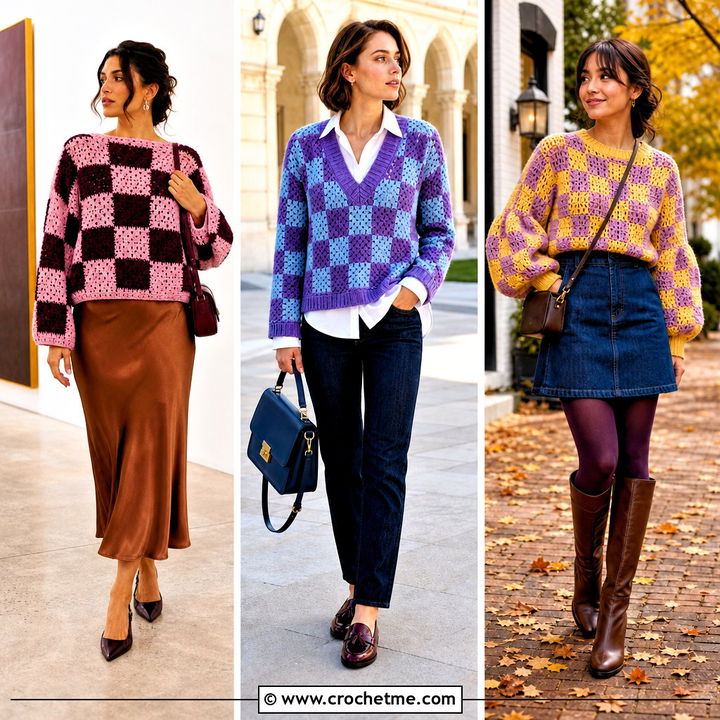 30 Checkered Crochet Sweater Outfit Ideas for Trendy Days