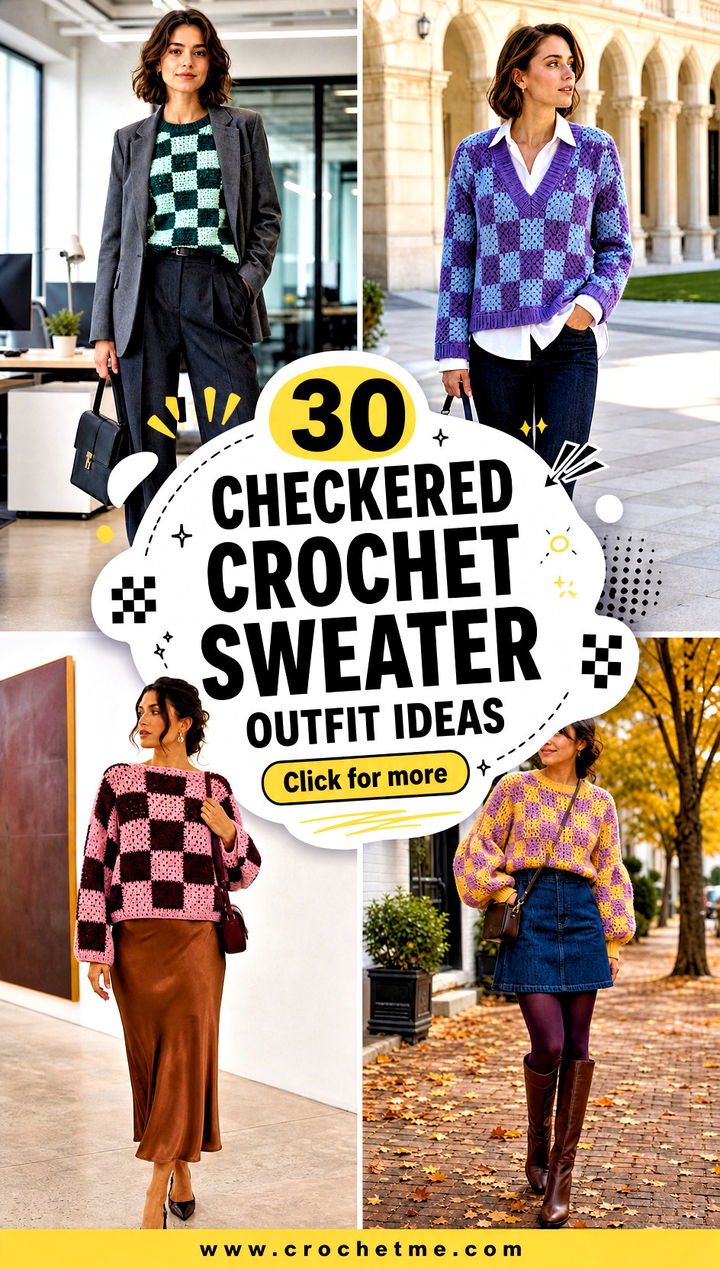 30 checkered crochet sweater outfit ideas - 30 checkered crochet sweater outfit ideas