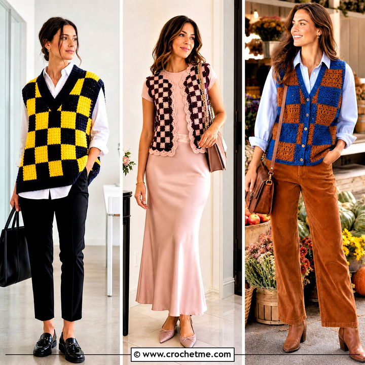30 Checkered Crochet Vest Outfit Ideas for Fresh Retro Style