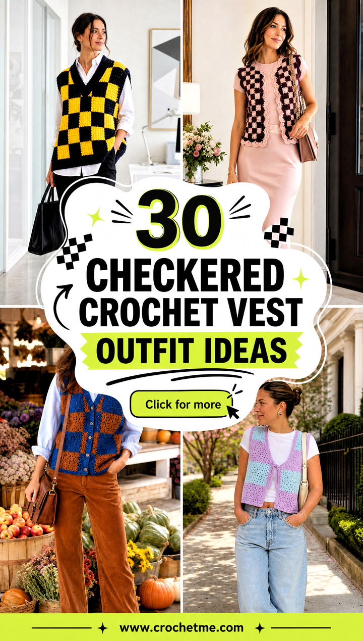 30 checkered crochet vest outfit ideas - 30 checkered crochet vest outfit ideas
