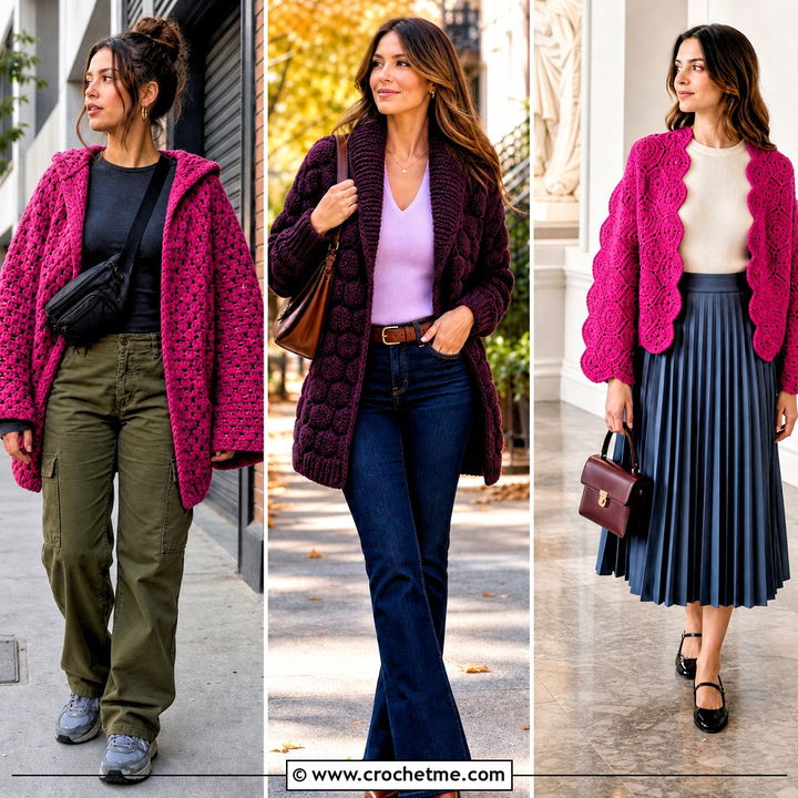 30 Chunky Crochet Hexagon Cardigan Outfit Ideas for Fall