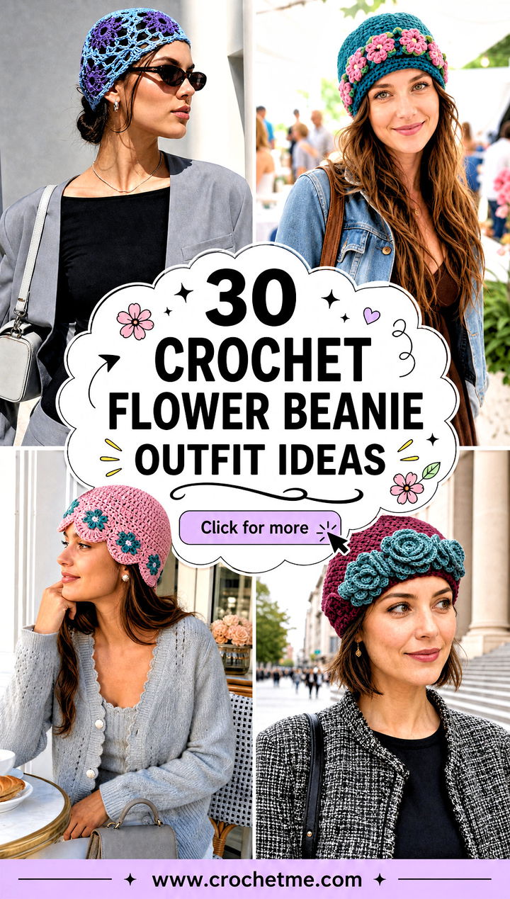 30 crochet flower beanie outfit ideas - 30 crochet flower beanie outfit ideas