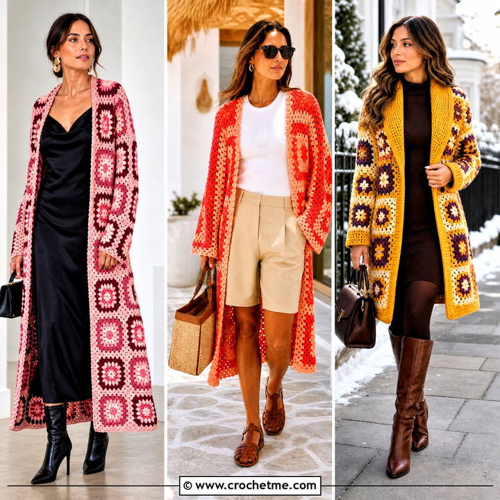 30 Crochet Granny Square Coat Outfit Ideas for Cozy Style