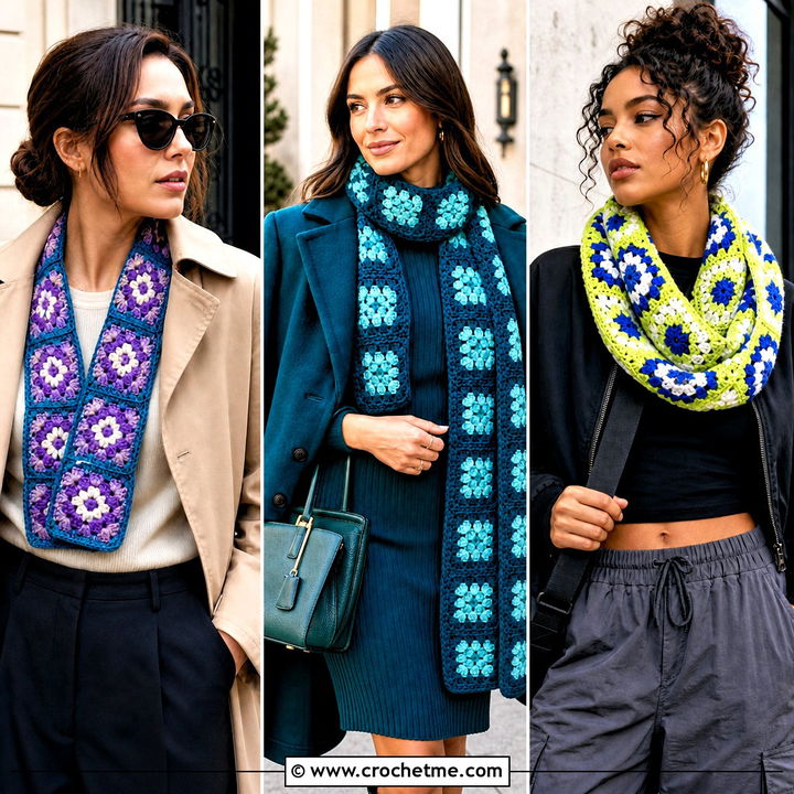 30 Crochet Granny Square Scarf Outfit Ideas for Cozy Days