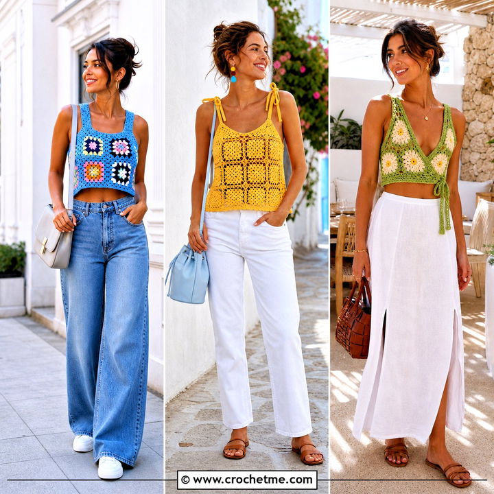 30 Crochet Granny Square Summer Top Outfit Ideas to Try Now