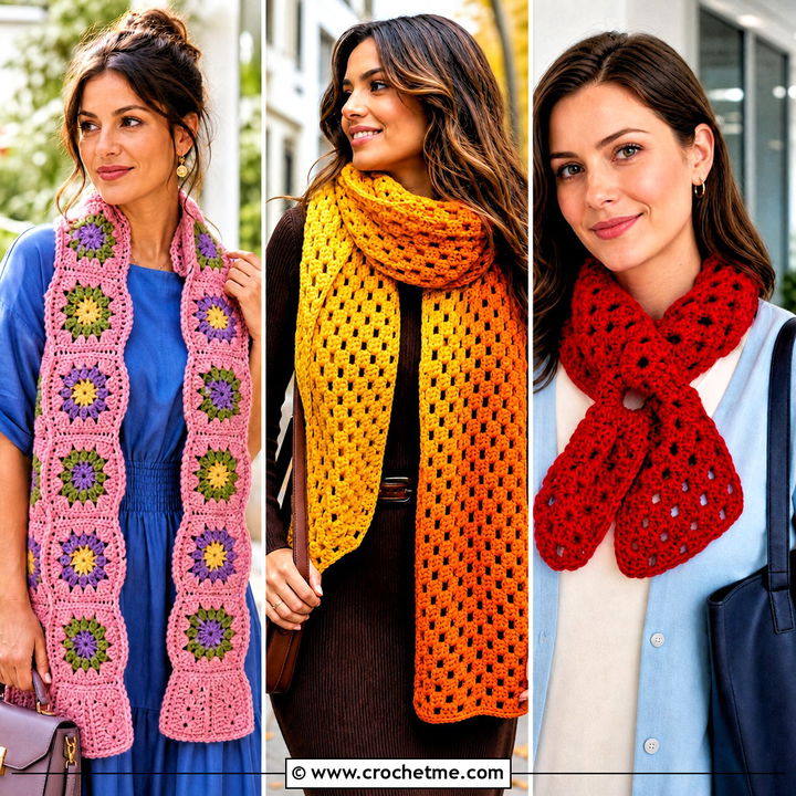 30 Crochet Granny Stitch Scarf Outfit Ideas for Cozy Days