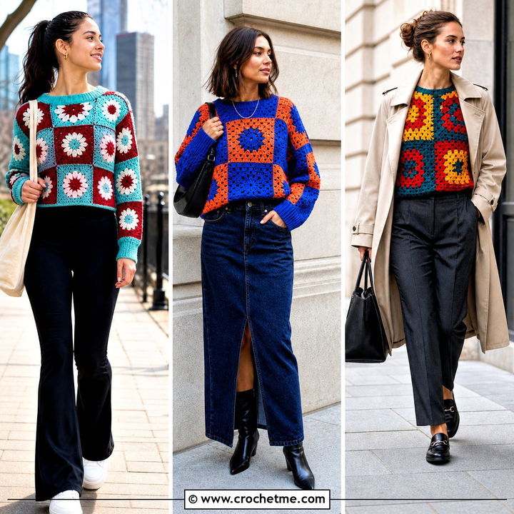 30 Crochet Patchwork Sweater Outfit Ideas for Cozy Fall Looks