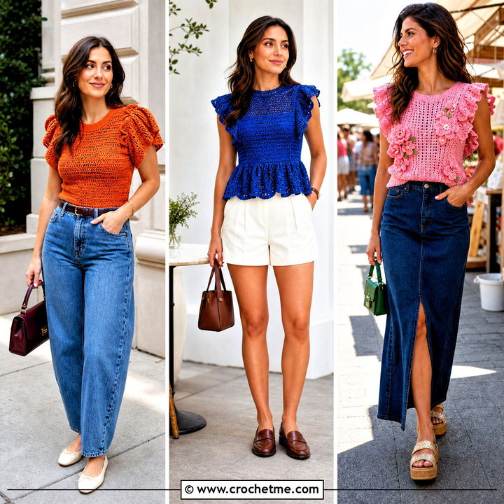 30 Crochet Ruffle Sleeve Top Outfit Ideas for Romantic Style