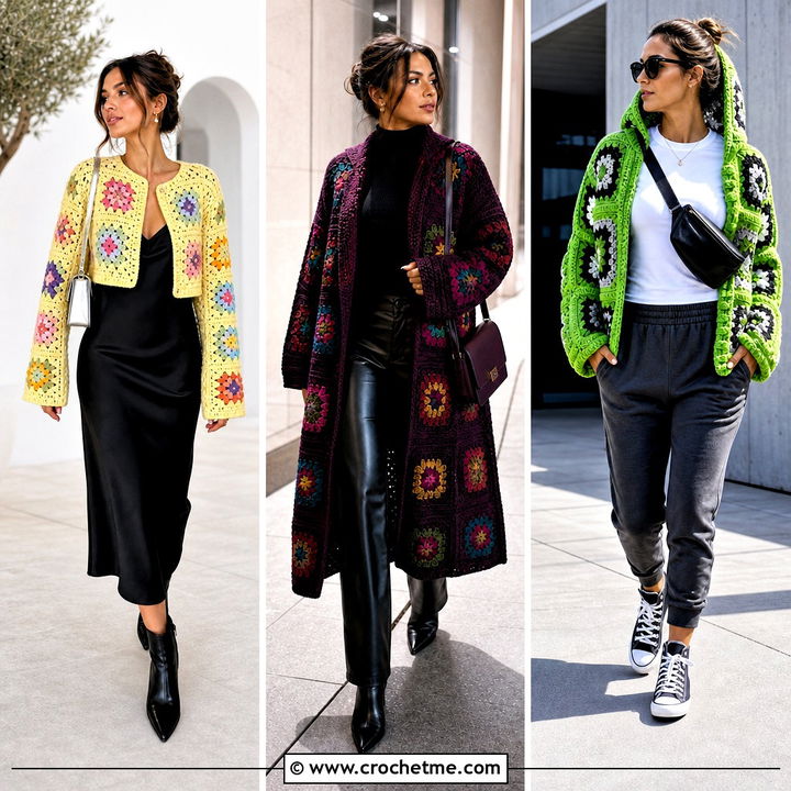 30 Crochet Square Jacket Outfit Ideas for Colorful Layers