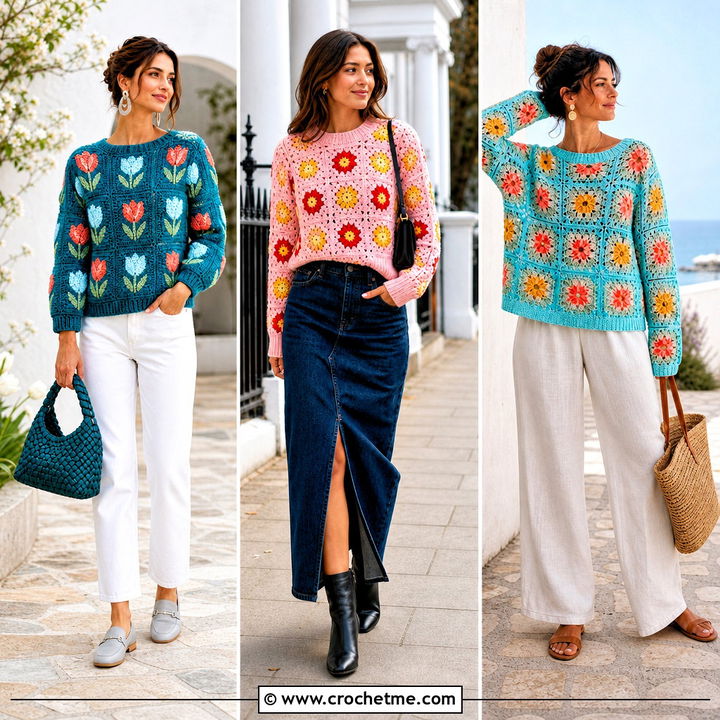 30 Flower Granny Square Sweater Outfit Ideas for Colorful Looks