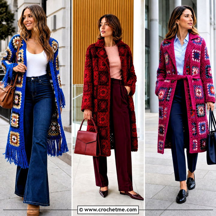 30 Granny Square Coat Outfit Ideas for Colorful Winter Style