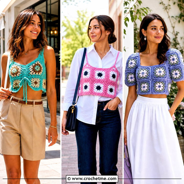 30 Granny Square Crochet Crop Top Outfit Ideas for Summer