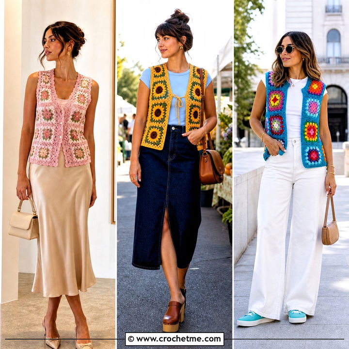 30 Granny Square Sleeveless Cardigan Outfit Ideas for Summer
