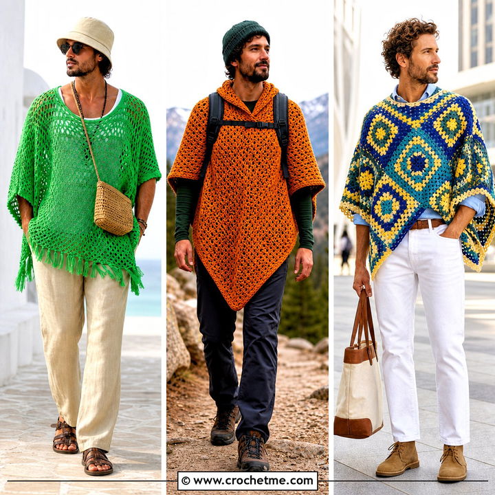 30 Men Crochet Poncho Outfit Ideas for Bold Layered Looks