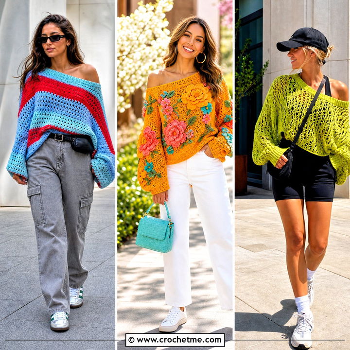 30 Off the Shoulder Crochet Sweater Outfit Ideas for Fall