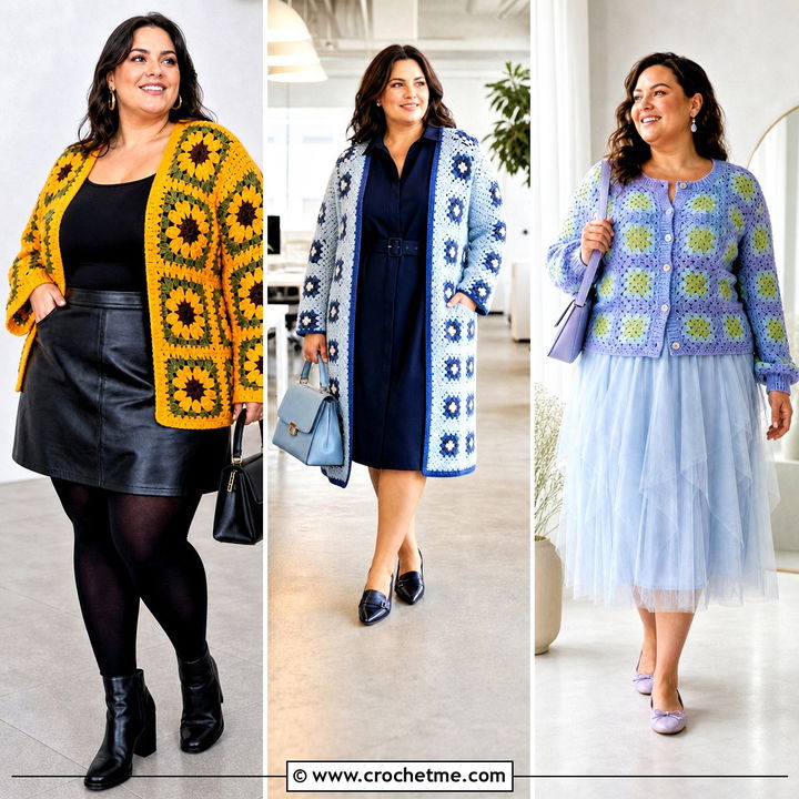 30 Plus Size Crochet Granny Square Cardigan Outfit Ideas to Love