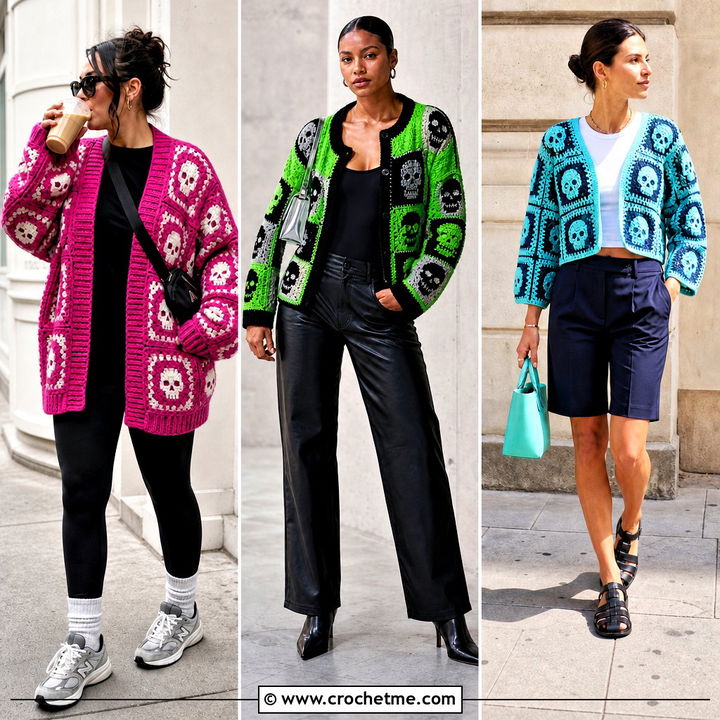 30 Skull Granny Square Cardigan Outfit Ideas for Edgy Style
