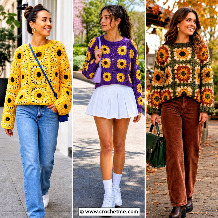 30 Sunflower Granny Square Sweater Outfit Ideas for Sunny Style